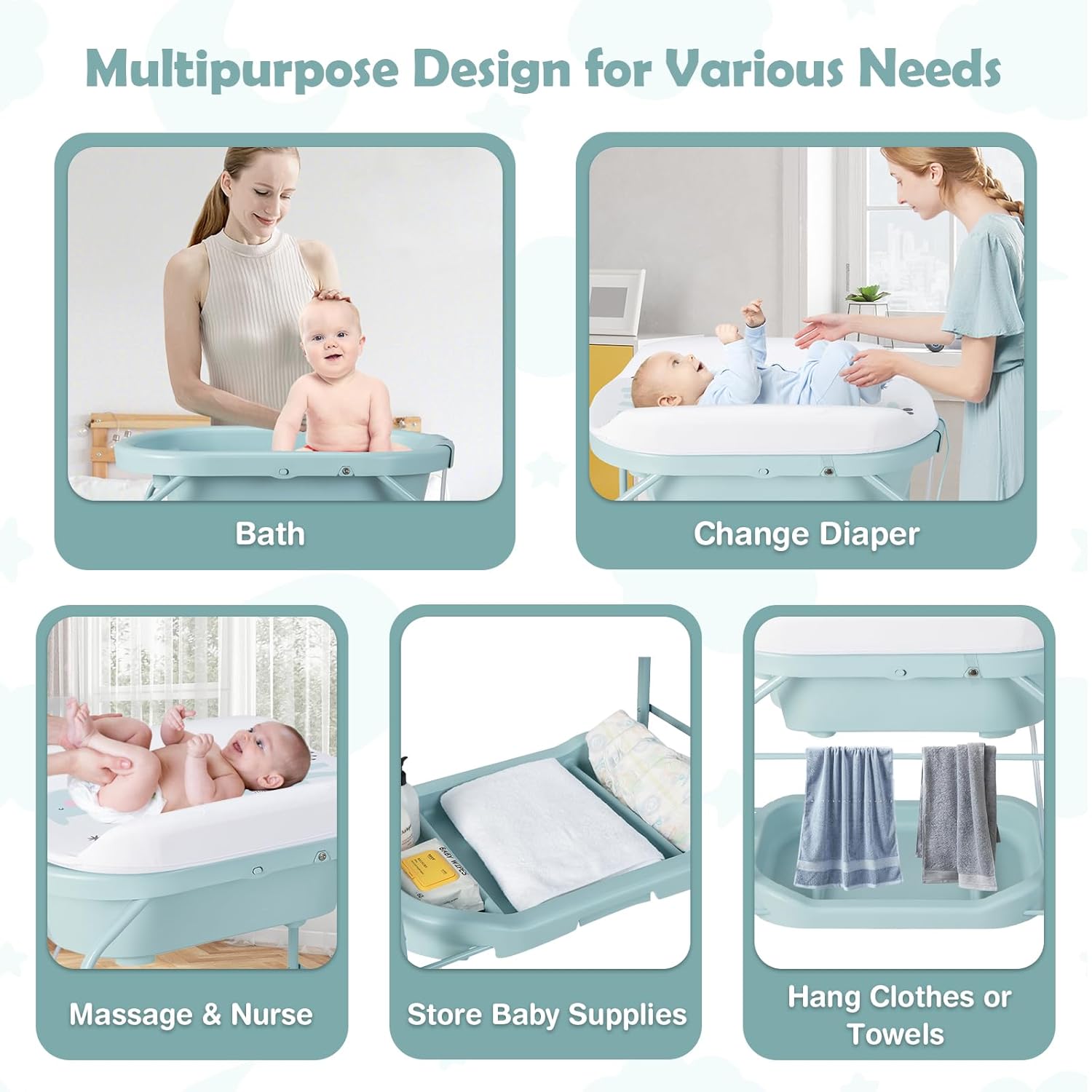 HONEY JOY Baby Changing Table with Bathtub, Foldable Infant Diaper Changing Station with Wheels, Storage Tray, Waterproof Pad, Portable Newborn Nursery Organizer Bath Stand for Boys Girls (Blue)