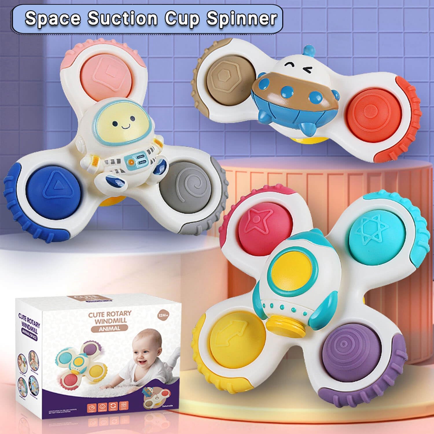 Suction Cup Spinner Toys for Baby 1 2 Year Old Boys and Girls Bath Toys Pop Sensory Fidget Spinners Toy for Toddlers 1-3 Birthday Gifts Infant Travel Toys 3 PCS