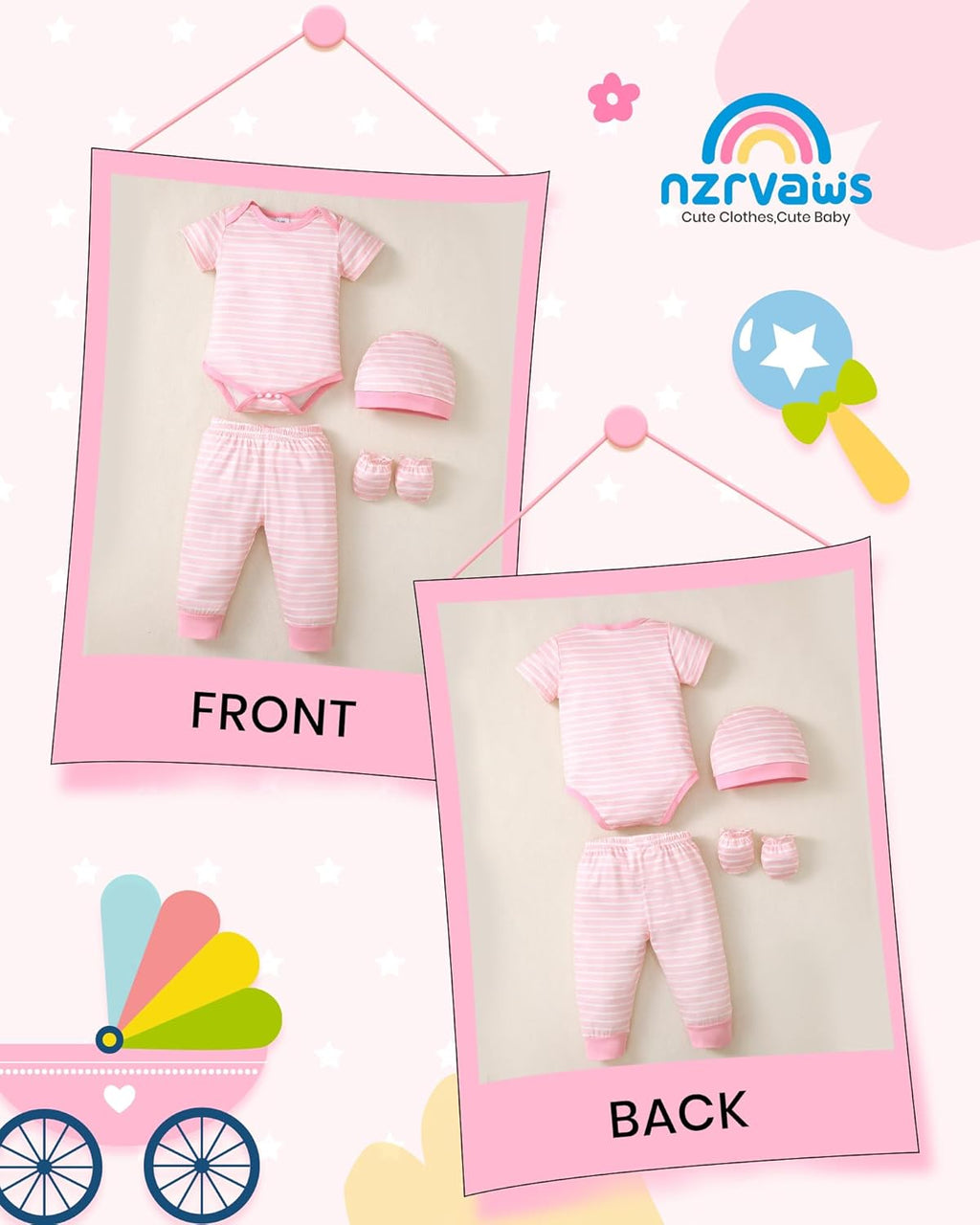 NZRVAWS Newborn Baby Boy Girl Clothes Unisex Infant Romper Pants Set Hat 4-Pack Outfits 0-12 Months 16 Pieces Toddler