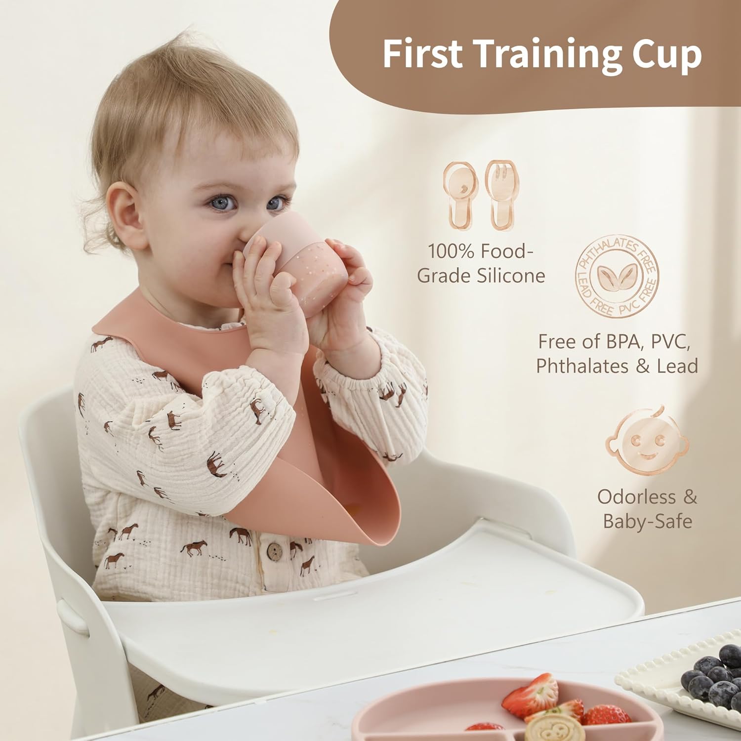 Moonkie Silicone Baby Cup 4 Months+ | Open Training Drinkware for Infants with Confetti Sprinkles | Baby-Led Weaning Essential | 2 oz (Ivory, 1 Pack)