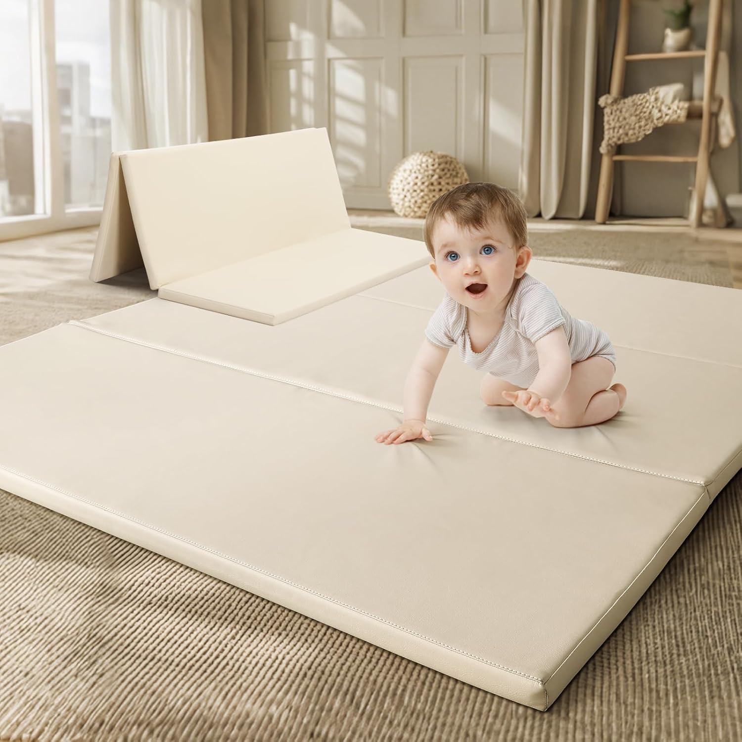 Foam Baby Play Mat: PU Leather Waterproof Kids Playmat - Trifold Floor Mat - Large Play Mat for Playpen Thick Pad Fodable Mattress Soft Toddler Mattress Infant Cushion for Preschool (Beige)