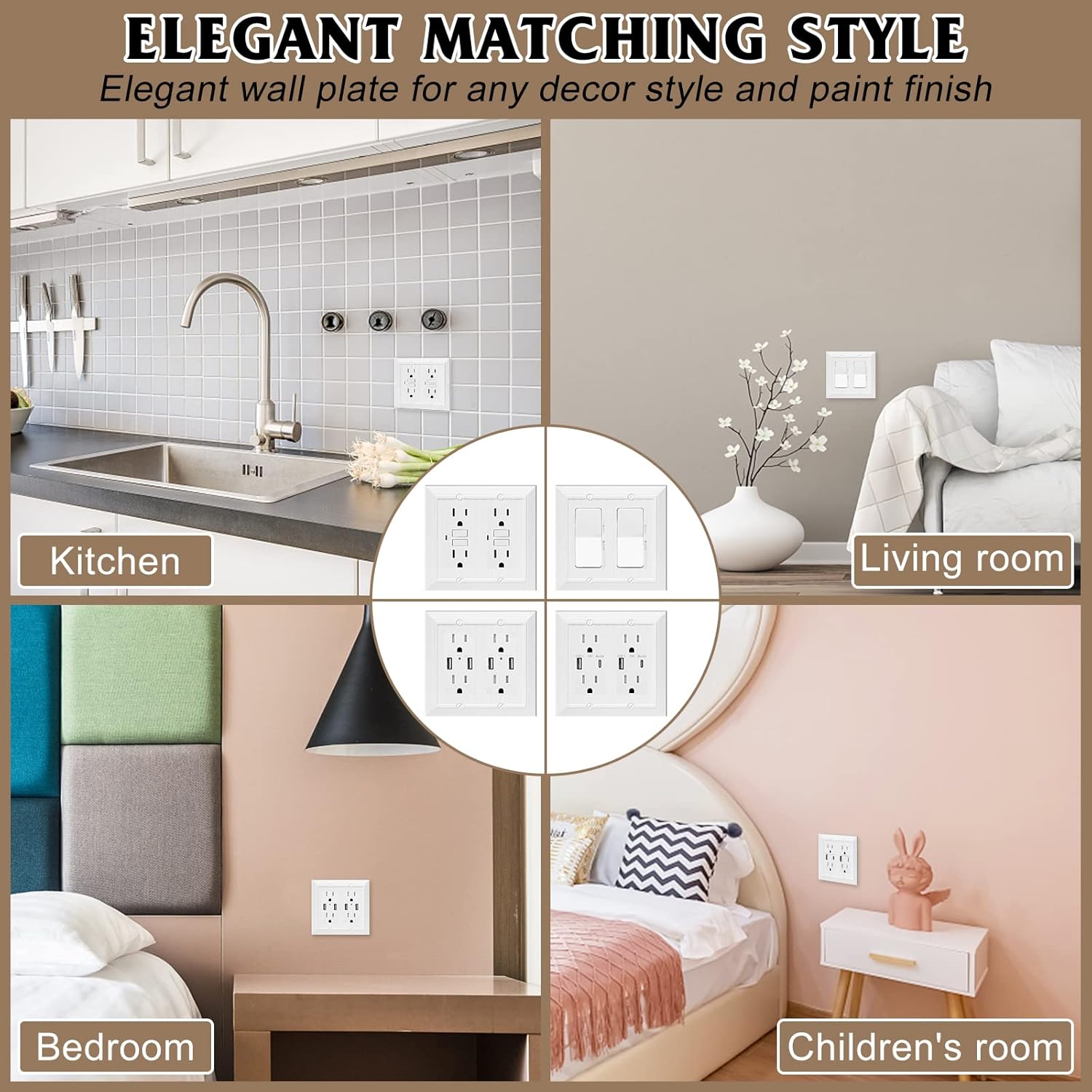 Modern Decorative Wall Plate Switch Plate Outlet Cover, Vintage Retro Wood Grain Design (Double Decorator-4 Pack, White)