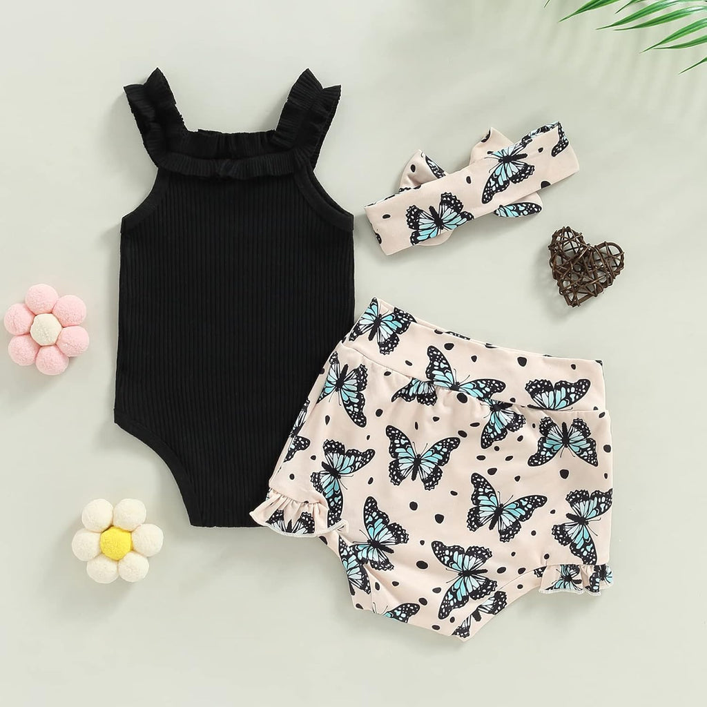 fhutpw Baby Girl Clothes Summer Cute Outfits 3 6 12 18 Months Spaghetti Strap Romper & Floarl Shorts Sets