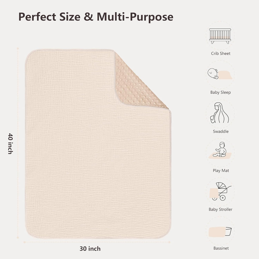 Susurration Baby Blanket for Unisex Boys Girls, Soft Nursery Minky Blanket with Muslin Cotton Front and Dotted Fleece Back, Receiving Blanket for Baby Newborn Infant, 30x40inch (Cream)