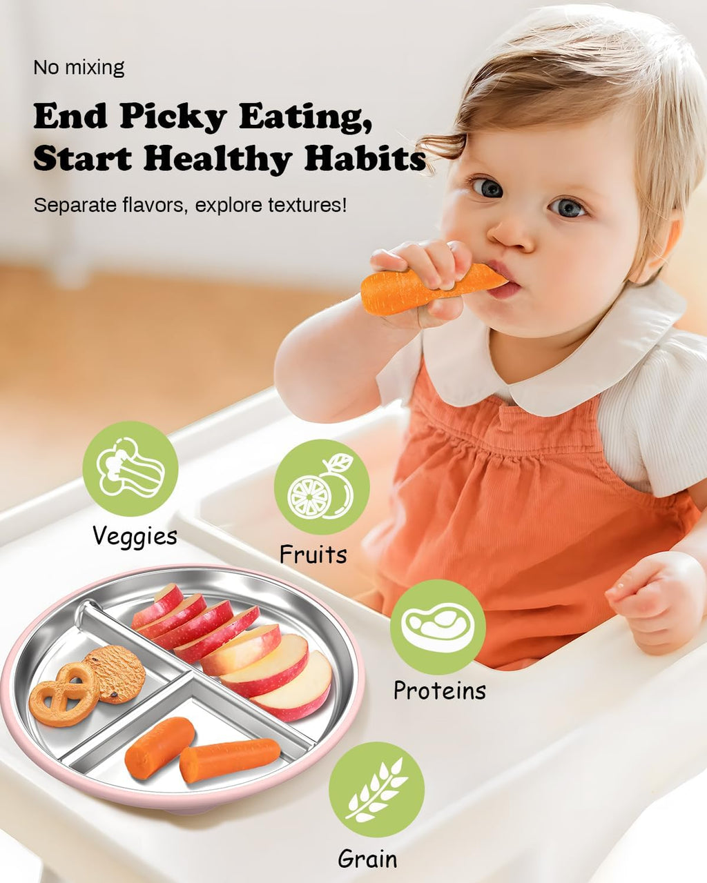 Stainless Steel Baby Plate with Suction, 8” Divided Toddler Plates with Removable Silicone Sleeves for Kids, Non-Toxic Non-Slip Unbreakable Dishwasher Safe Dinnerware Set of 2, Pink & Lilac