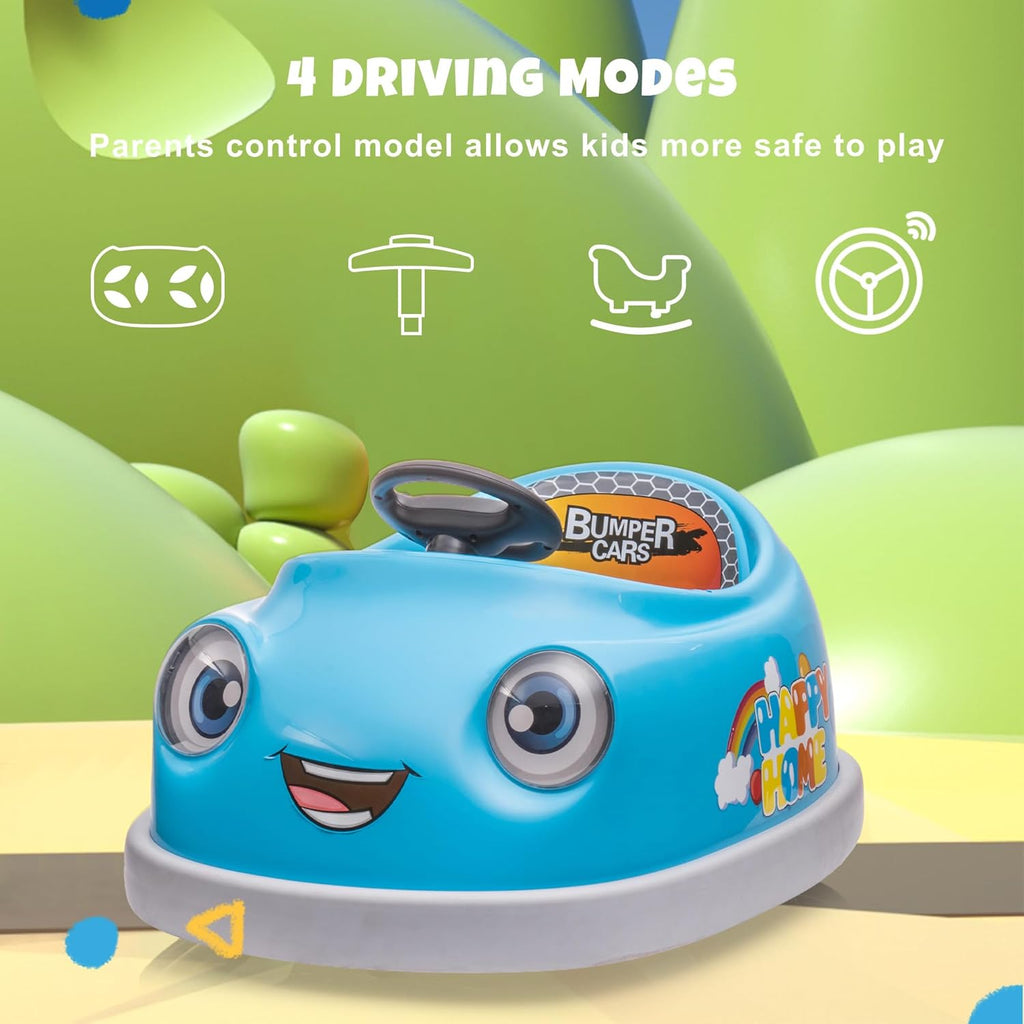 12V Dual Battery Electric Ride on Kids Bumper Car w/Remote Control,360 Degree Spin,Push Rod Rocker Horse Function,3-Speeds Babies & Toddlers Bumping Car Ride on Toy Gift for 1-4 Years Children (Blue)