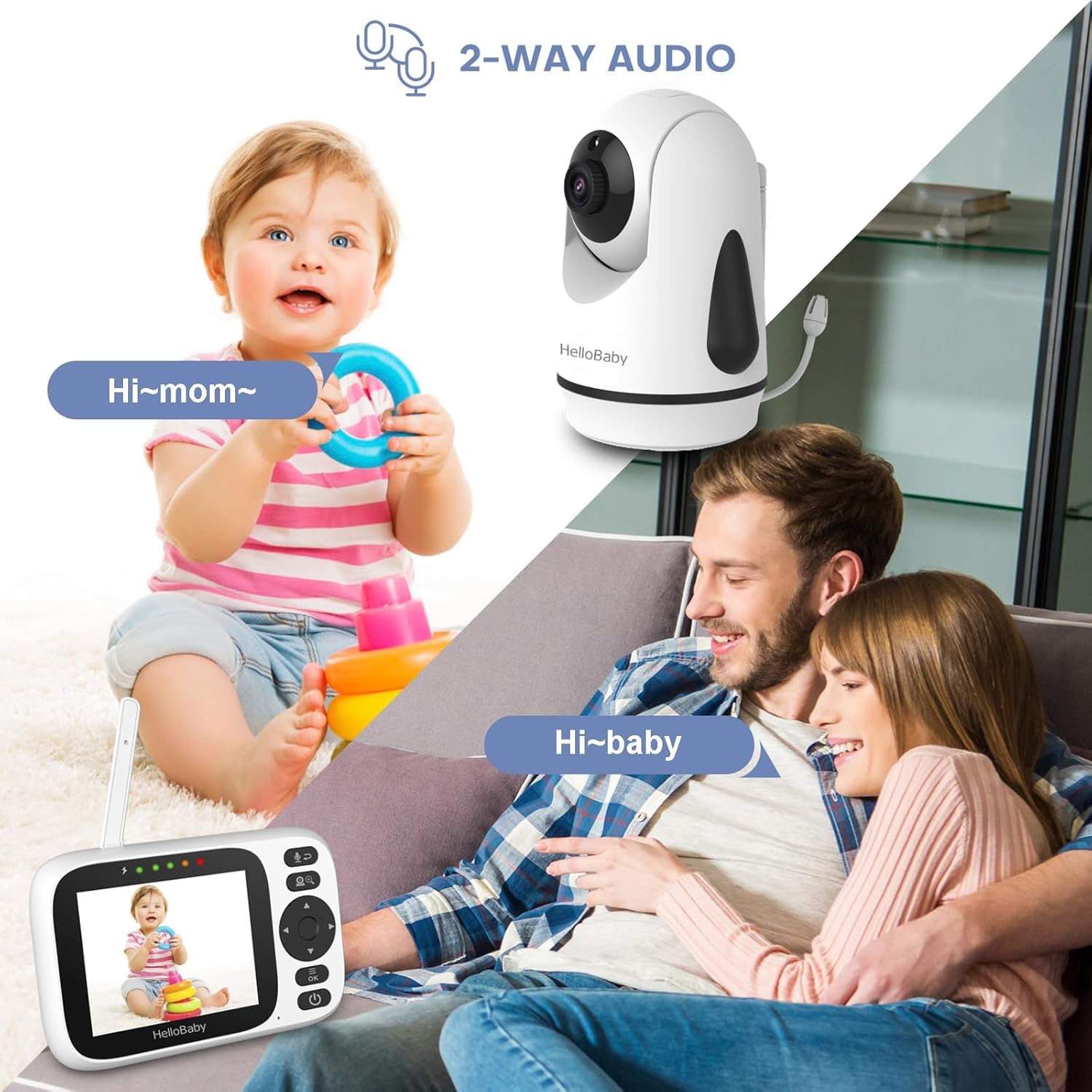 HelloBaby 3.2'' Baby Monitor2 Cameras, Video Audio Baby Monitor No WiFi, Remote Pan-Tilt-Zoom,AUTO Night Vision, ECO, 2-Way Talk,8 Lullabies and 1000ft Range, Temperature, Gifts for Parents and Babies