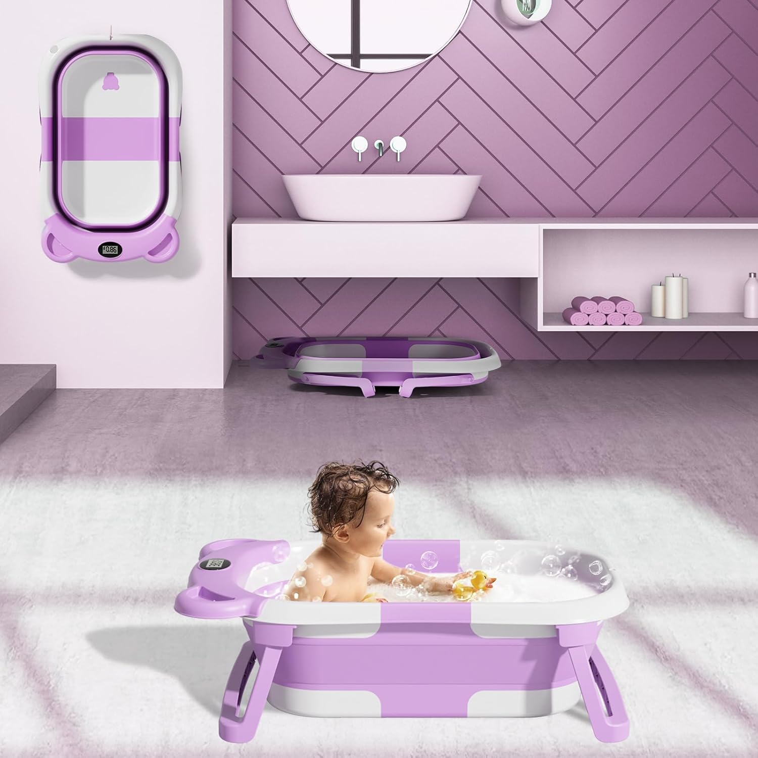 TPN Collapsible Baby Bathtub, Baby Bath Tub with Soft Cushion & Real-Time Thermometer, Baby Bathtub Infant to Toddler Tub (0-36 Months), Portable Newborn Travel Bath tub