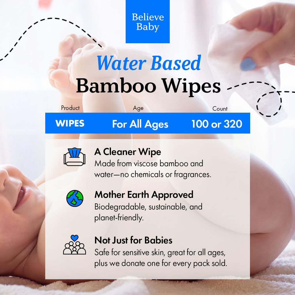 Believe Viscose Bamboo Baby Wipes Travel-Size 10pc-10 packs, Multi-Use Water Based Wipes Baby Sensitive Skin, Hypoallergenic and Fragrance Free for Babies – Gentle Plant-Based Viscose Bamboo Wet Wipe