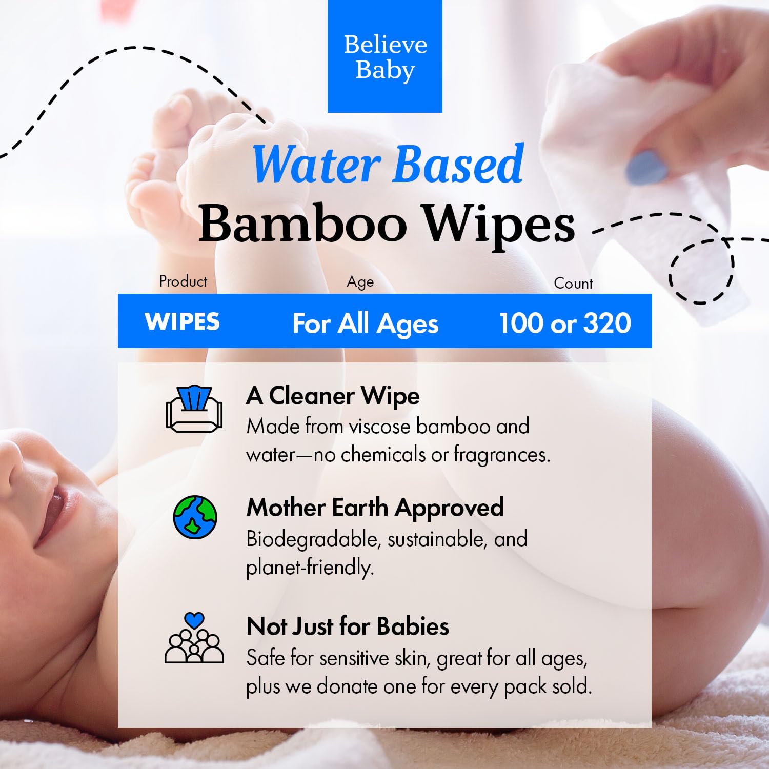 Believe Viscose Bamboo Baby Wipes 80pc x 4 Packs (320ct), Multi-Use Water Based Wipes Baby Sensitive Skin, Hypoallergenic and Fragrance Free for Babies – Gentle Plant-Based Viscose Bamboo Wet Wipe