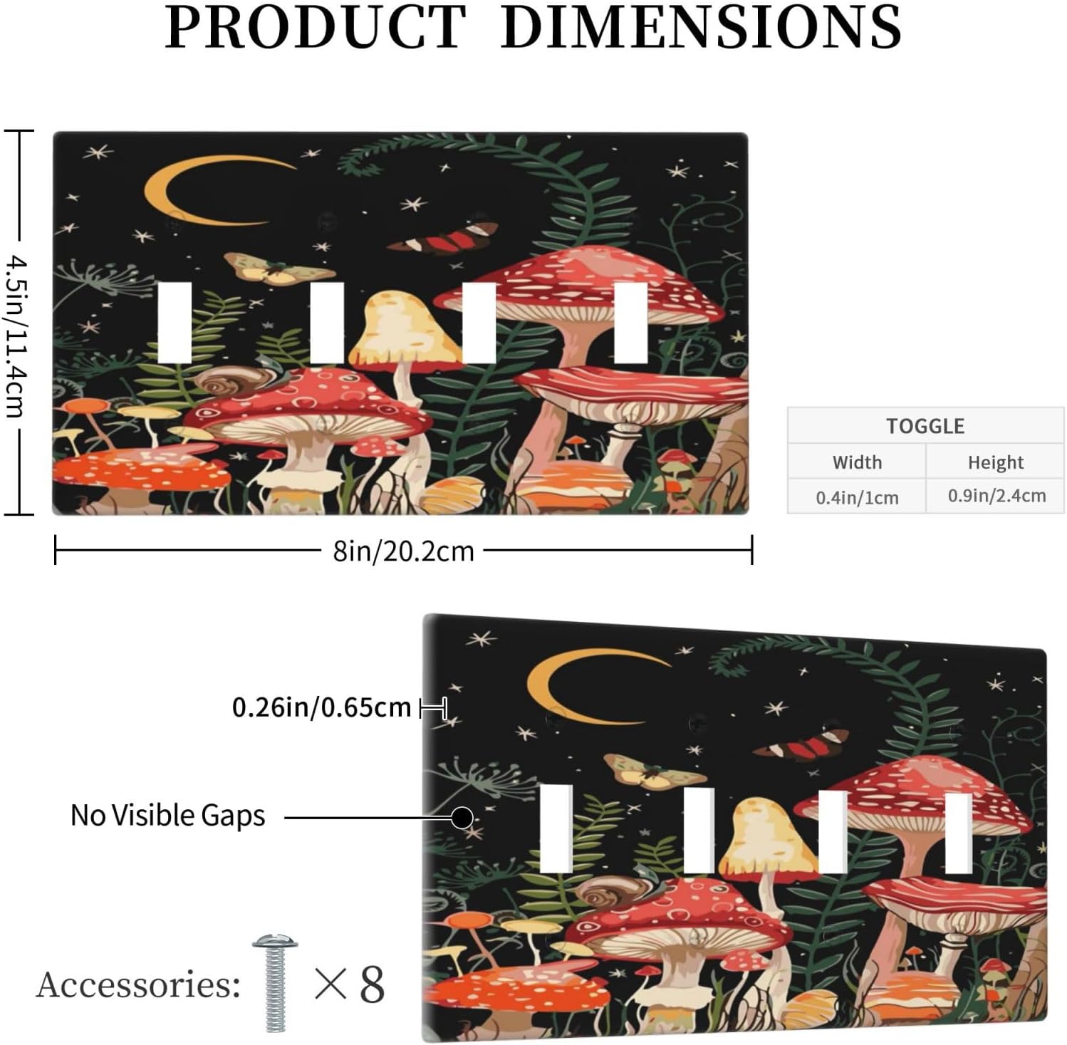 Moon Star Red Mushroom Forest Butterfly Green Plant Light Switch Covers Quad Toggle Electrical Faceplate 4 Gang Wall Plate Decorative Switch Plates for Kids Room Home Decor