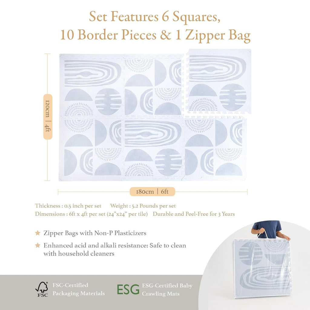 Premium Exercise & Baby Foam Play Mats - Stylish & Large Non-Toxic Odorless Floor Mat - 6 Tiles - Spacious 6ft x 4ft - Peel-Resistant Reinforced Ver.- Soft, Thick, Waterproof - Foggy Gray