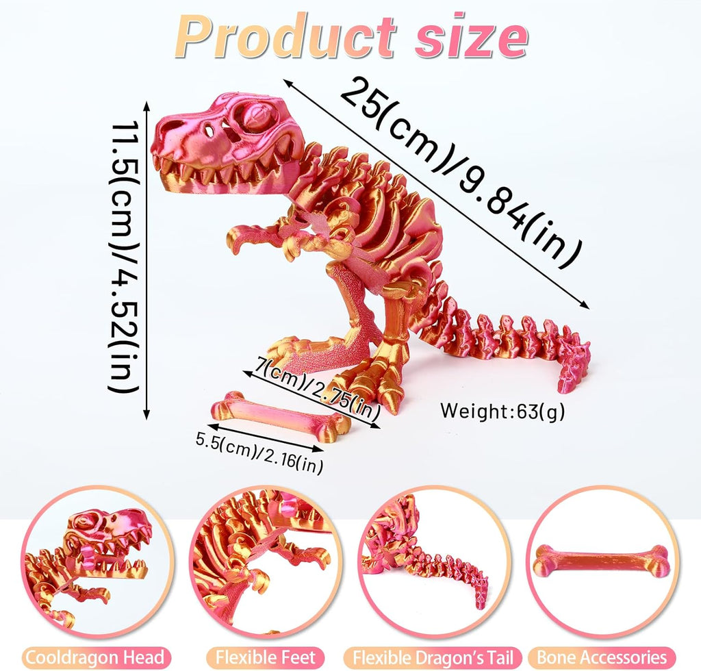 3D Printed Dinosaur Bones Tyrannosaurus Rex Skeleton with Movable Joints, 3D Model Skull T-Rex, Flexible Articulated Dinosaur Fidget Toys Adults for Autism/ADHD