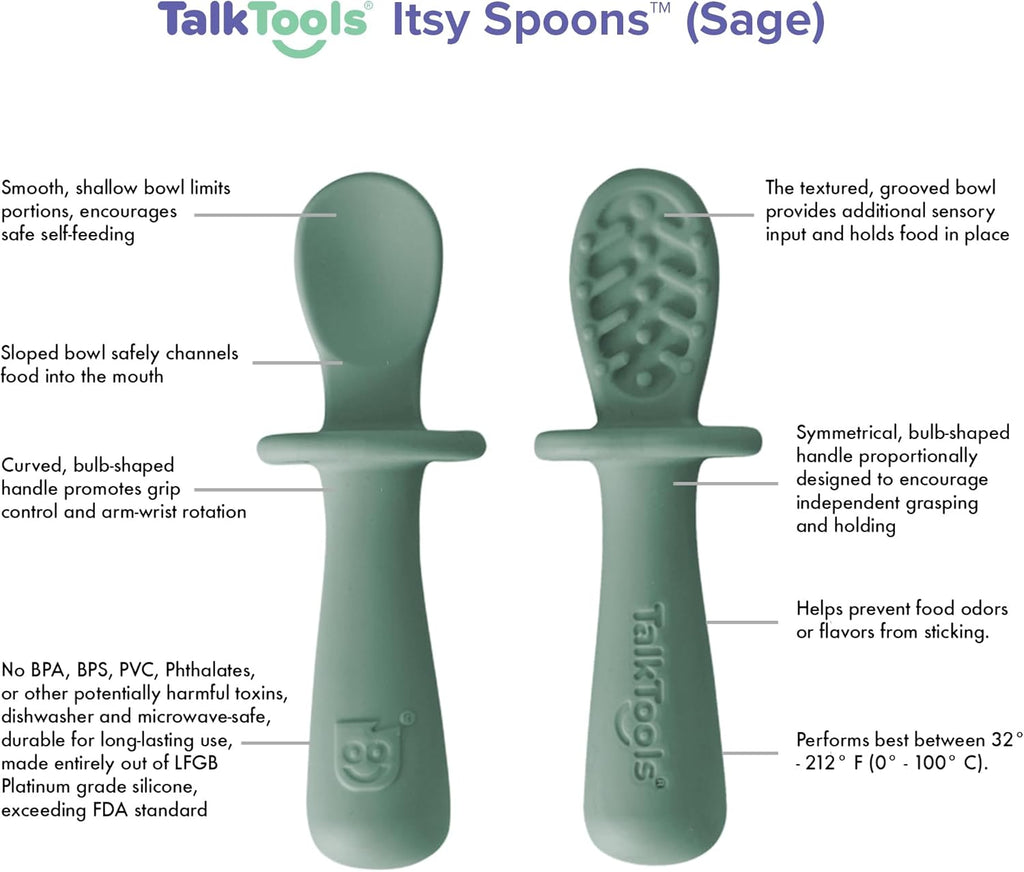 TalkTools ITSY Tiny Silicone Spoons – Twin Pack Soft Silicone Self-Feeding Training Spoons for Kids & Toddlers, Anti-Choking Flange Guard and Non-Slip Handle (Sage)