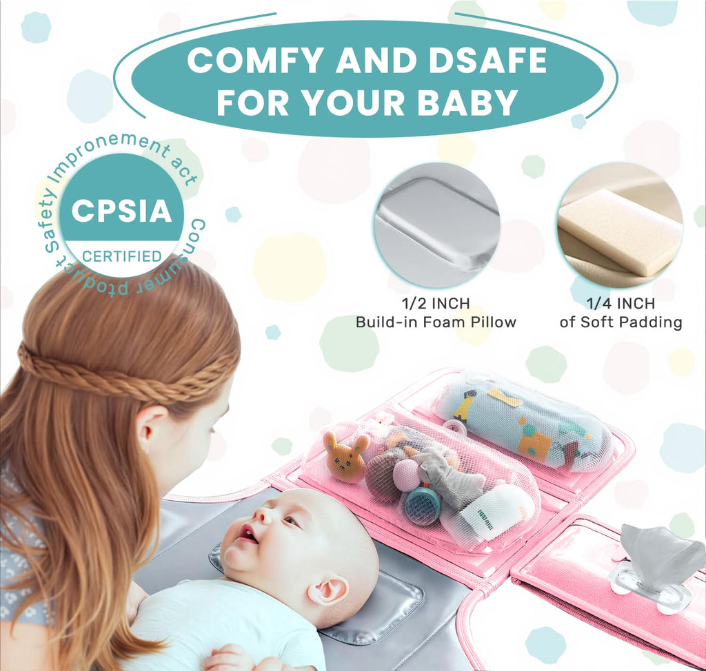 Portable Diaper Changing Pad - Baby Diaper Changer Travel Bag with Wipes Pocket, Smart Design Portable Changing Mat, Infant Travel Station Kit, Gift for Newborn Girl & Boy (Pink)