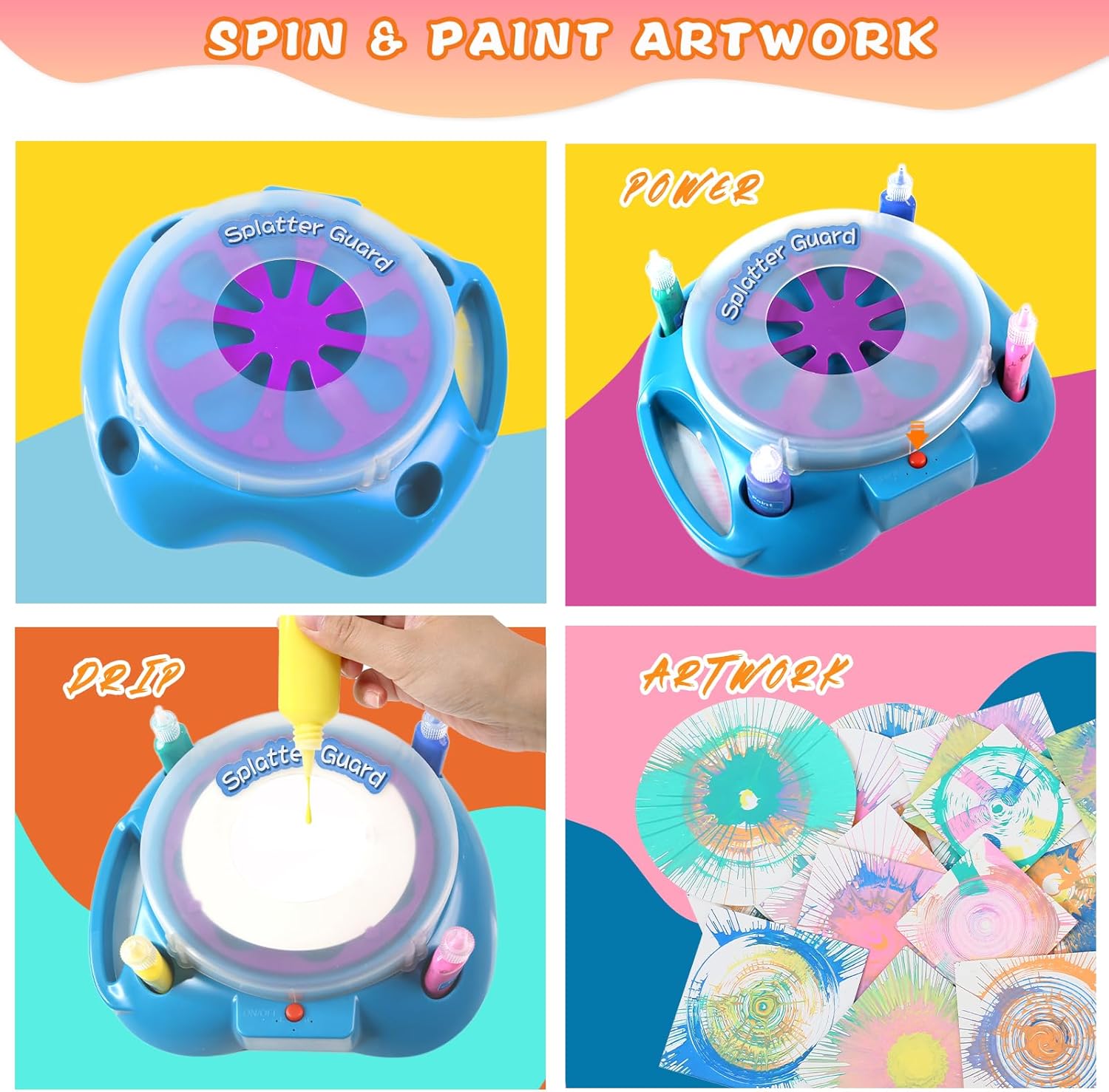 Spin Art Machine Variable Speed, Battery Operated Spinner - Paint Spinner with Splatter Guard, Washable Paint, Spin Art Kit, Stem Toys, Arts and Crafts