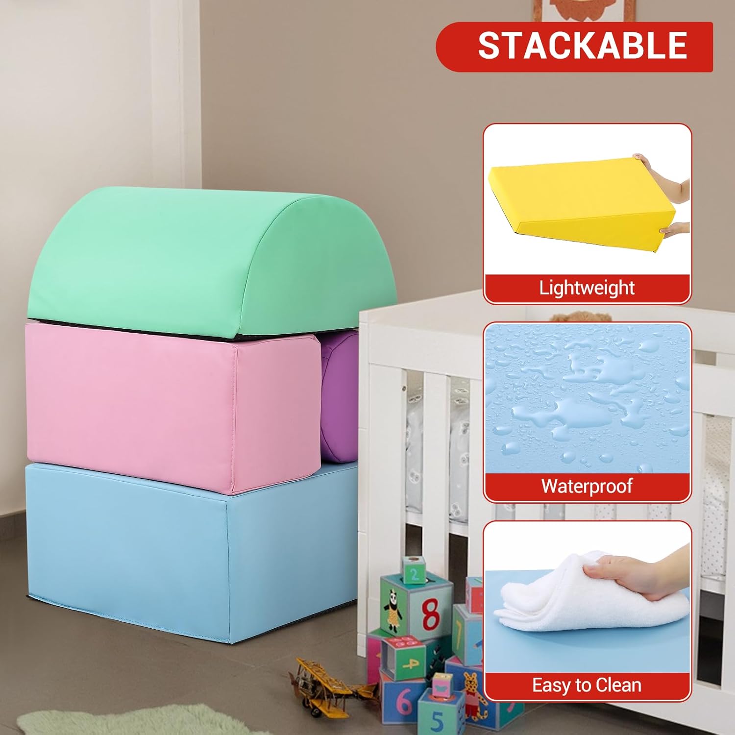 6-Piece Soft Toddlers Climbing Toys, Baby Foam Climbing Blocks for Babies Toddlers, Waterproof Foam Play Gym Climber Structures for Toddler 3, Indoor Climb and Crawl Activity Play Set (PU Leather)