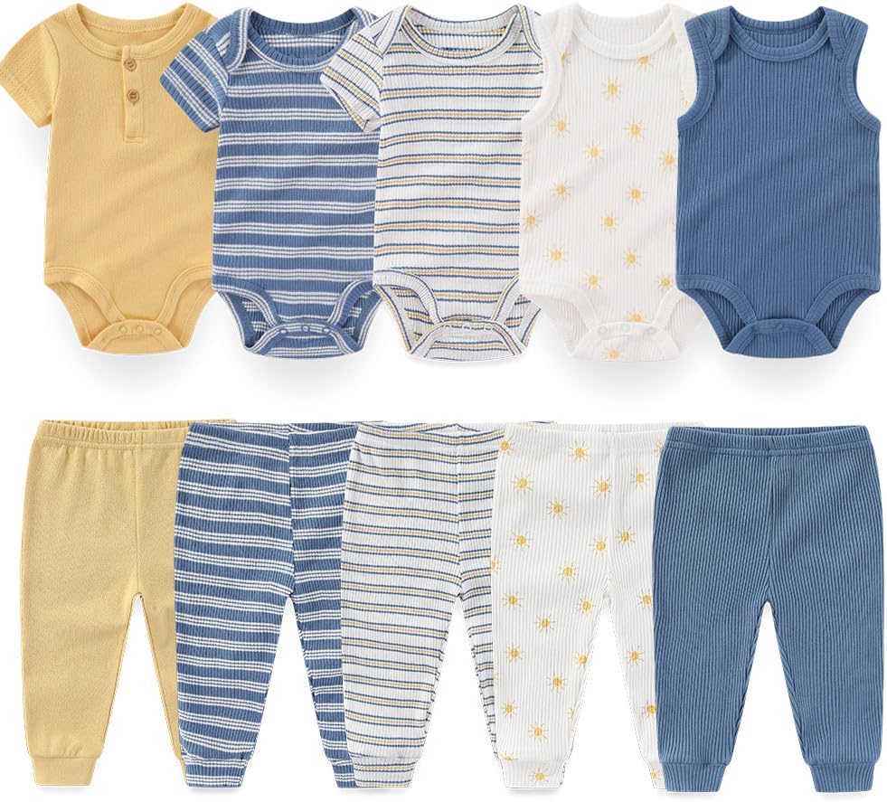 Kiddiezoom Newborn Baby Layette Set 10-Piece with Bodysuits and Pants Set for Unisex Baby Gift Sets