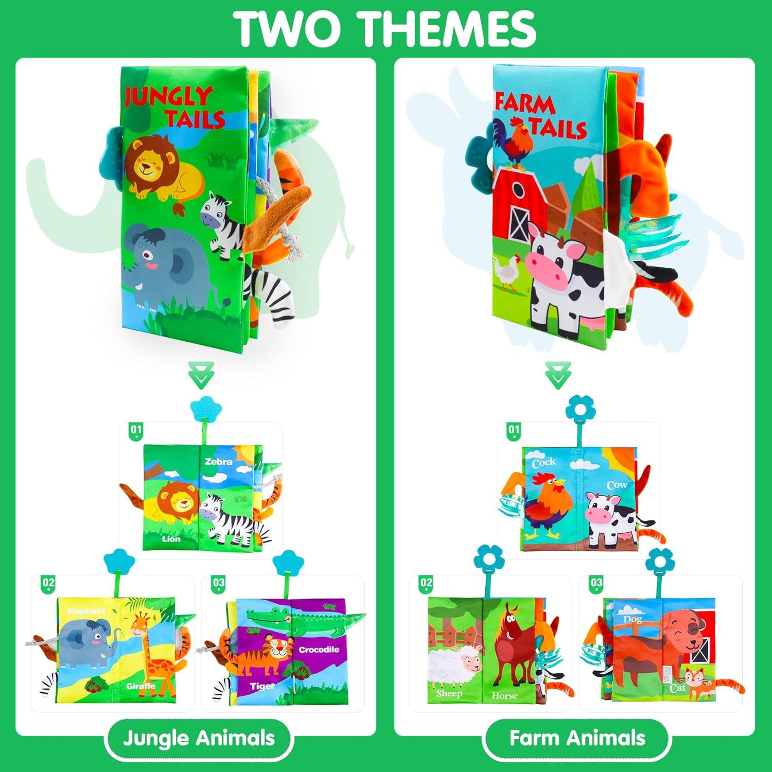Baby Soft Cloth Crinkle Books Early Education Interactive Stroller Car Seat Sensory Toys with Tails Newborn Development Gifts for 0-6 Months Infants Toddler Baby Boys Girls(Jungle & Farm)