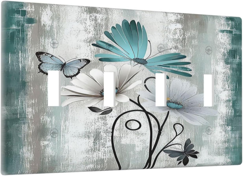 Light Switch Covers Rustic Teal Daisy Floral Flowers Butterfly Wood Grain Quad Toggle Electrical Faceplate 4 Gang Wall Plate Decorative Switch Plates for Bathroom Bedroom Decor