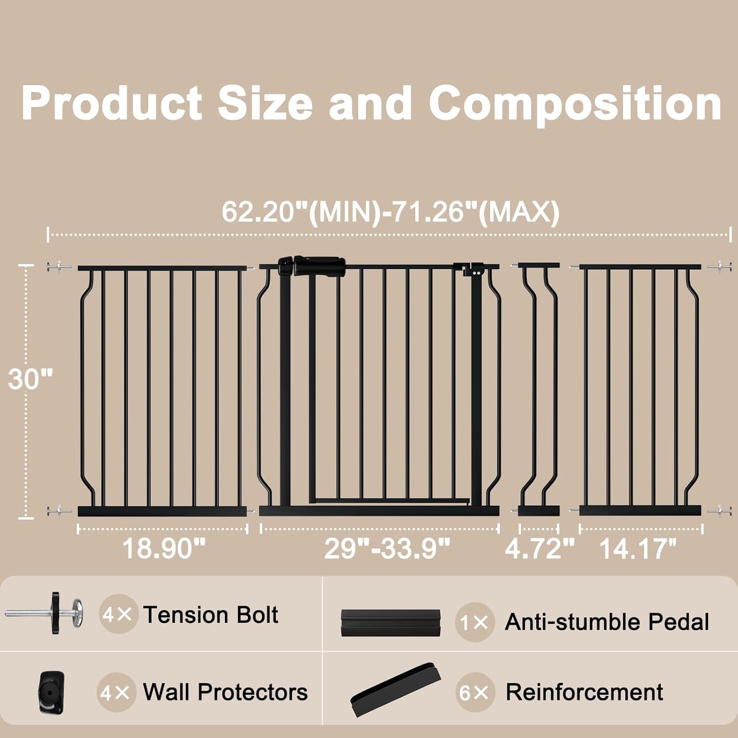 WAOWAO Baby Gate 62.20-71.26" Extra Wide Pressure Mounted Walk Through Swing Auto Close Safety Black Metal Toddler Kids Child Dog Pet Puppy for Stairs,Doorways,Kitchen