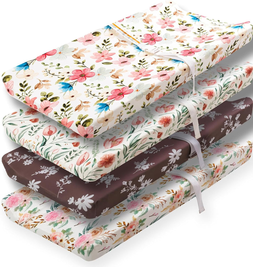 4 Pack Baby Girl Changing Pad Covers Sheets Set Soft Fitted Floral or Elephant Theme Baby Girl Mattress Covers Breathable Toddler Bed Sheets for Infant or Newborn Girls (Flower, Changing Pad Covers)