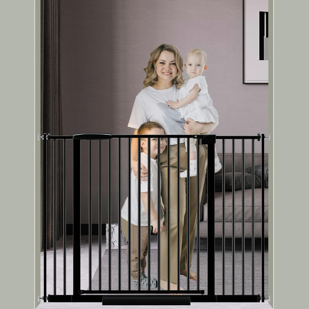 DEARBB Extra Wide Baby Gate Ultra Narrow Spacing 30.11-77.36" Pressure Mounted Double Lock Swing Auto Close Walk Through Metal Safety Pet Gate for Stairs and House Doorway Kitchen