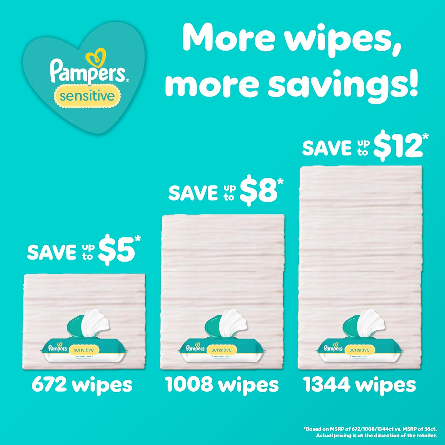 Pampers Baby Wipes, Sensitive, Water Based Wipe, Clinically Proven, Hypoallergenic, and Unscented for Babies, 1344 Wipes Total (16 Flip-Top Packs) [Packaging May Vary]