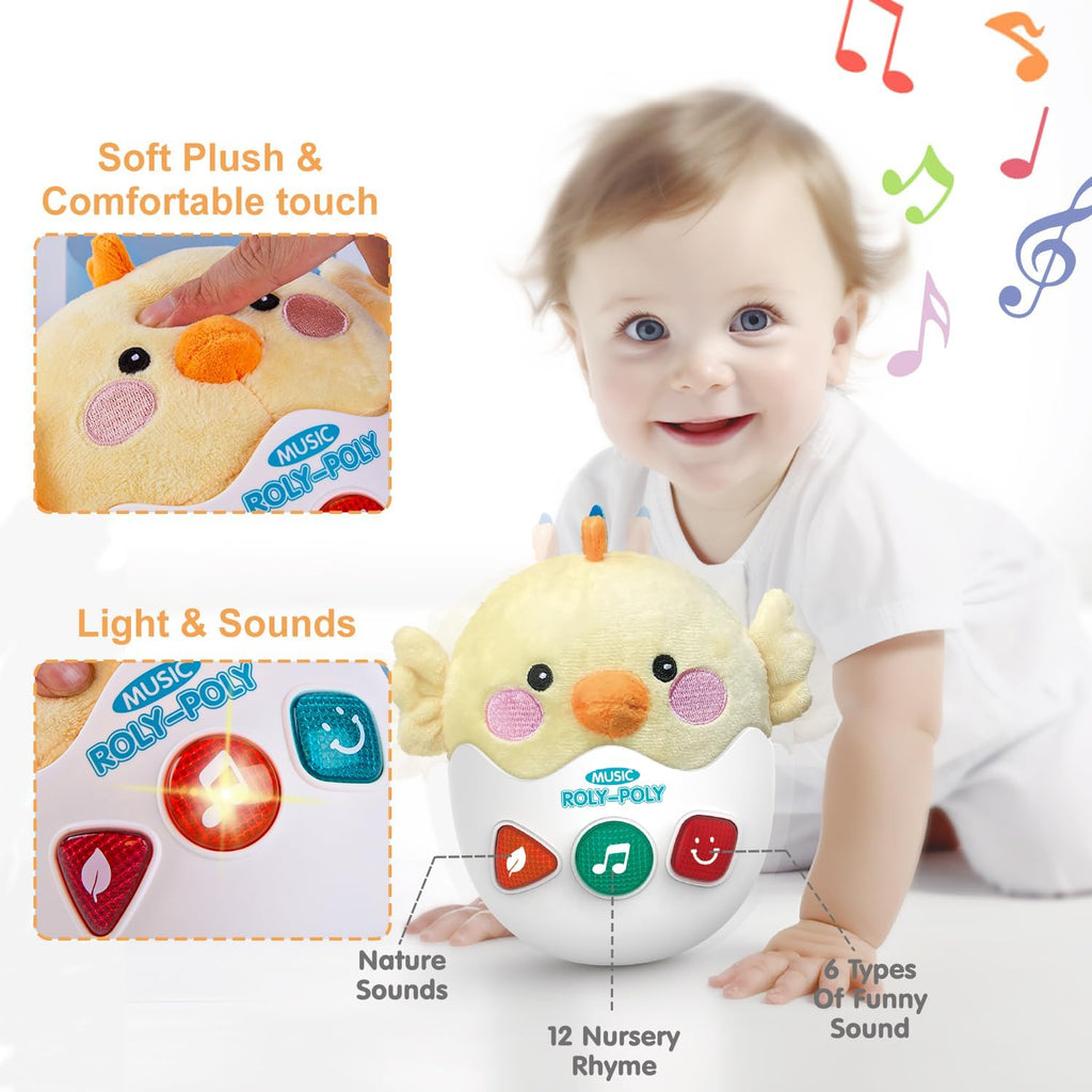 Baby Toys 0-6-12 Months, Chick Musical Plush Cute Stuffed Animal Infant Tummy Toys with Light & Sounds, Roly-Poly Sensory Toy Birthday Easter Egg Gift for Newborn Boys & Girls
