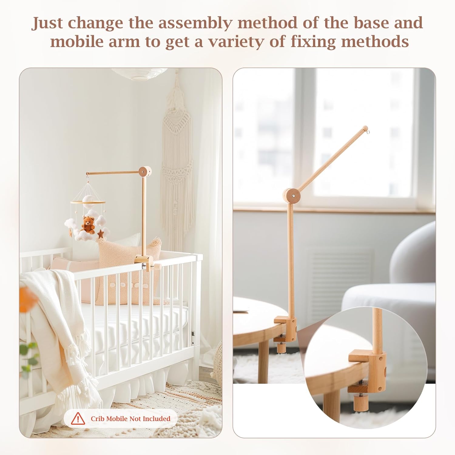 Baby Crib Mobile Arm - Wooden Mobile Arm with Height Adjustable＆360° Rotatable Upgraded Arched Base Nursery Mobile Holder for Crib Mobile Hanger Baby Crib Attachment Nursery Decor