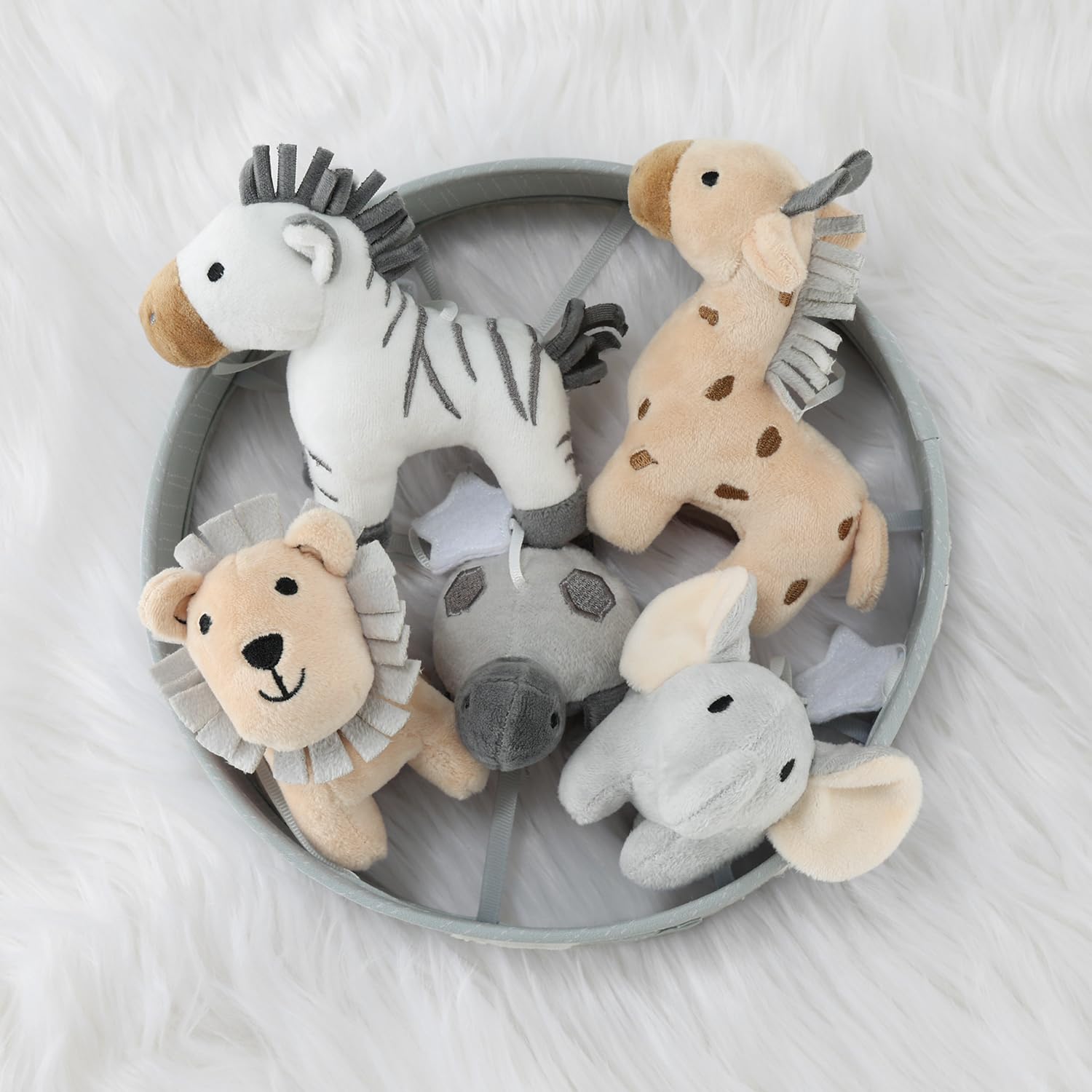 The Peanutshell Crib Mobile for Boys or Girls - Grey Musical Baby Crib Mobile with 12 Lullabies, Lion, Elephant, Zebra, Safari Plush Toys Hanging, Infant Baby Mobile Crib, Safari Nursery Decor