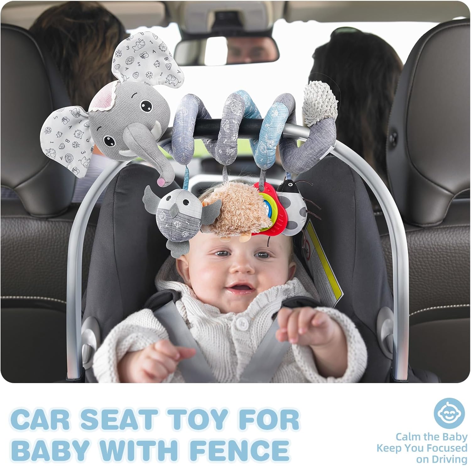 Jollybaby Baby Car Seat Stroller Toys, Plush Activity Hanging Spiral Activity Pram Crib with Music Box, Rattles, Squeaker for Babies Infant Boys Girls (SZ Gray Elephant)