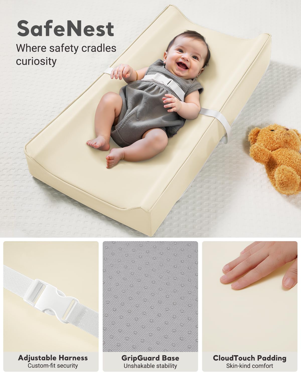 Vegan Leather Waterproof Baby Changing Pad - Wipeable, Extra Thick & Portable & Non-Slip Diaper Mat for Dresser, Crib, Travel | Soft & Safe (White)