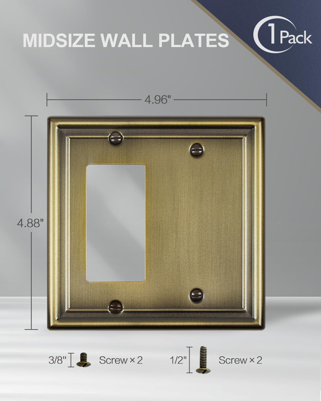 1-Pack Antique Brass Combination Decorator Rocker/Blank Wall Plates, Metal Switch Plates Outlet Covers, 2-Gang, 4.96''*4.88'', Midsize