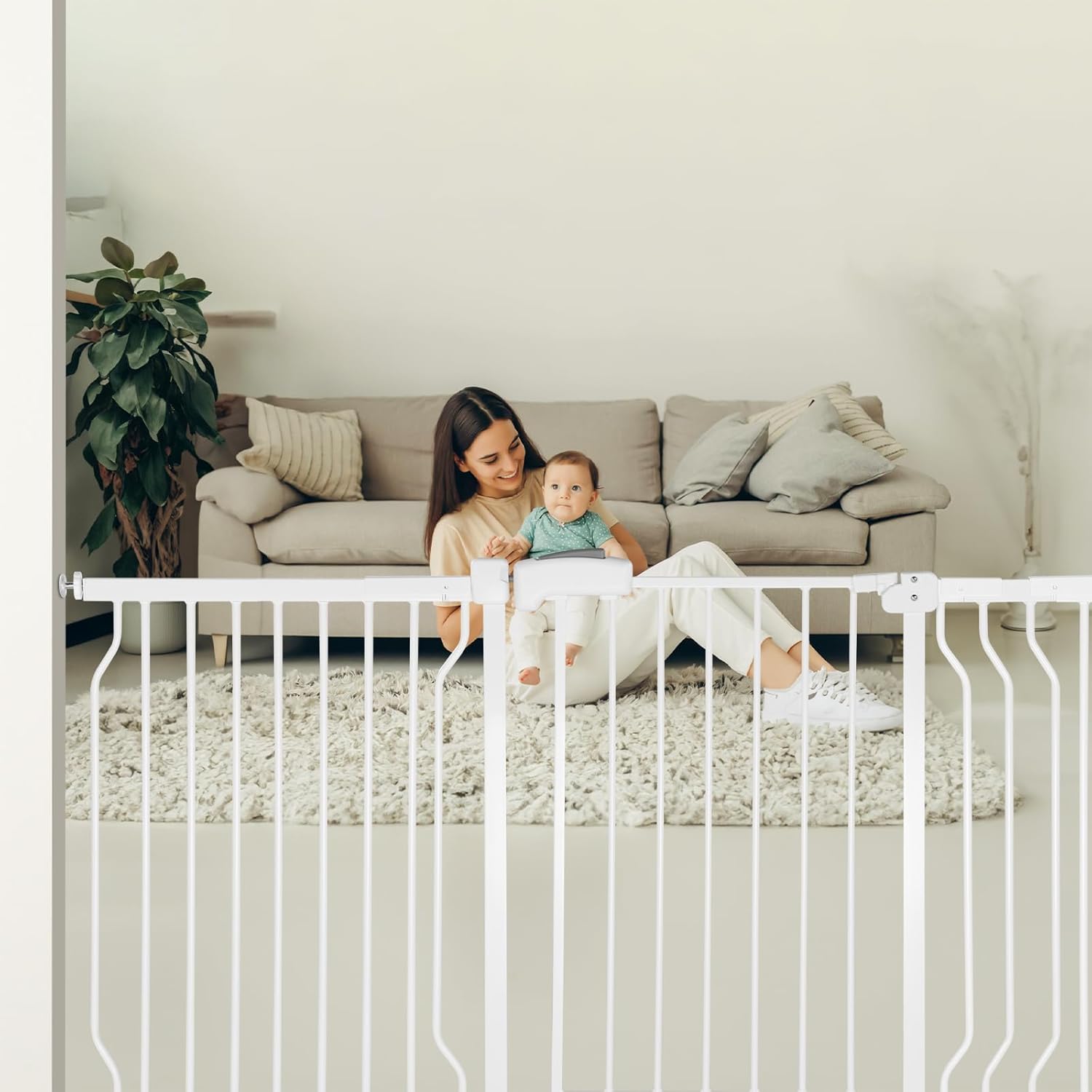 Extra Wide Baby Gate for Stairs Doorways with door, 30" Tall 66.5-75.8" Wide Easy Install Dog Gate indoor, Safety Metal Pressure Mounted Pet Gate with Walk-Thru Auto Close for the House, White