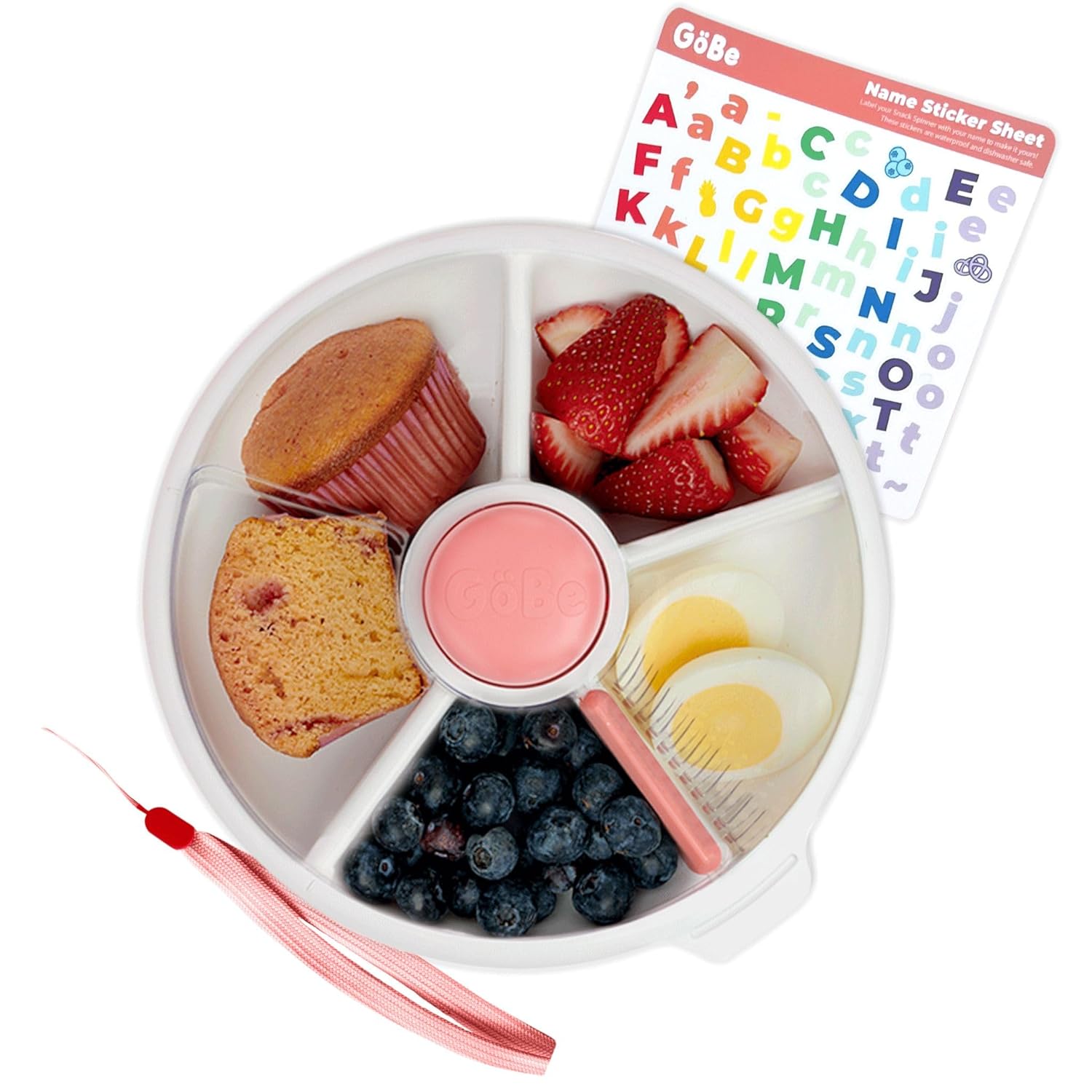 GoBe Kids Large Snack Spinner Slide Bundle with Hand Strap and Sticker Sheet - Reusable Snack Container with 4 Compartment Dispenser and Lid | BPA/PVC Free | Dishwasher Safe | No Spill - Coral Pink