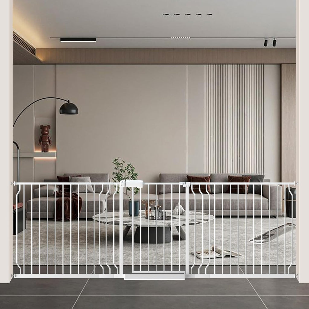 WAOWAO Baby Gate 85.83-95.25" Extra Wide Pressure Mounted Walk Through Swing Auto Close Safety White Metal Toddler Kids Child Dog Pet Puppy for Stairs,Doorways,Kitchen