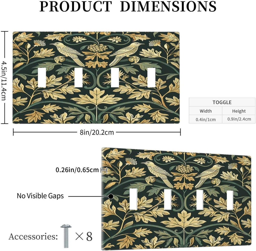 Light Switch Covers William Morris Vintage Botanical Birds Golden Green Leaves Quad Toggle Electrical Faceplate 4 Gang Wall Plate Decorative Switch Plates for Bedroom Home Decor