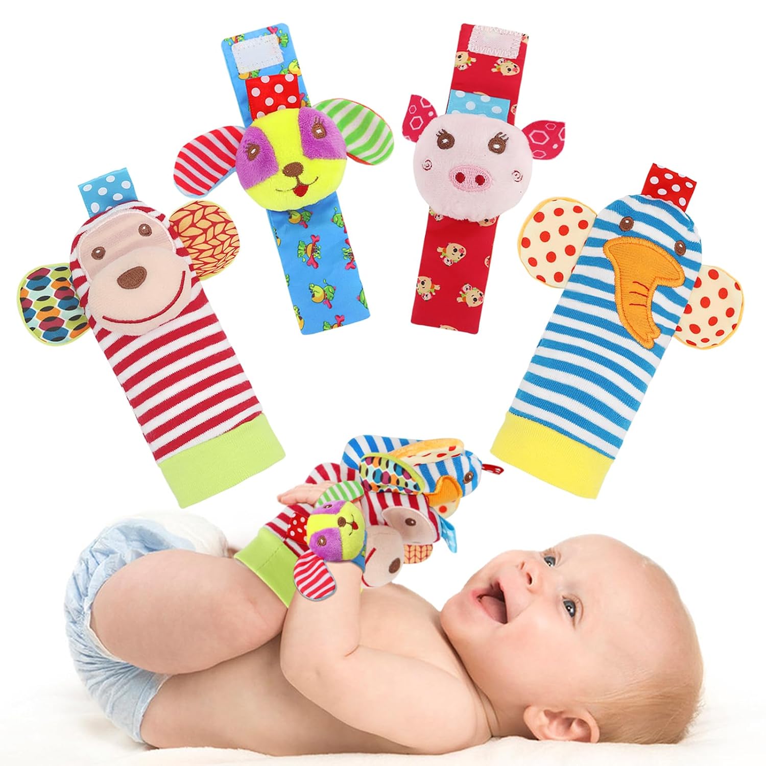 Soft Baby Rattle Toys Foot Finder Socks Wrists Rattles, Ankle Leg Hand Arm Bracelet Activity Rattle, Present Gift for Newborn Infant Babies Boy Girl Bebe 4pcs