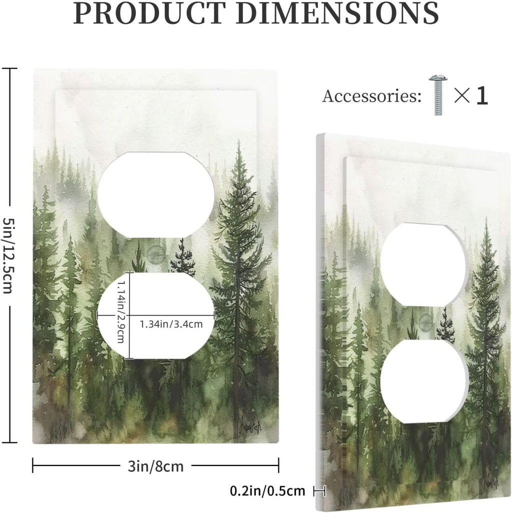 Outlet Covers Green Forest Watercolor Painting Foggy Pine 1 Gang Duplex Wall Plate Decorative Switch Plates Electrical Receptacle Faceplate Light Switch Cover for Bedroom living Room Decor
