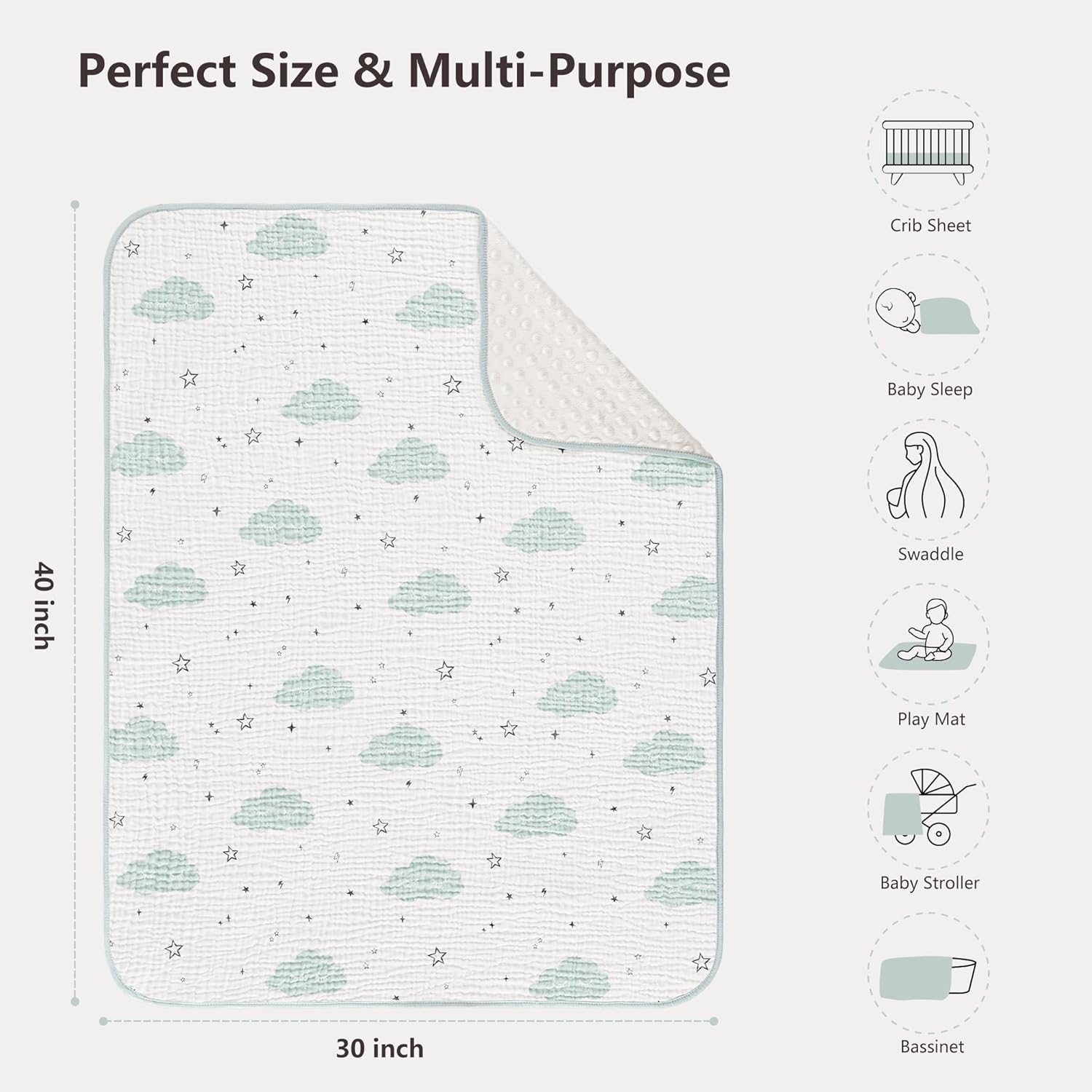 Susurration Baby Blanket for Unisex Boys Girls, Soft Nursery Minky Blanket with Muslin Cotton Front and Dotted Fleece Back, Receiving Blanket for Baby Newborn Infant, 30x40inch (Cloud)