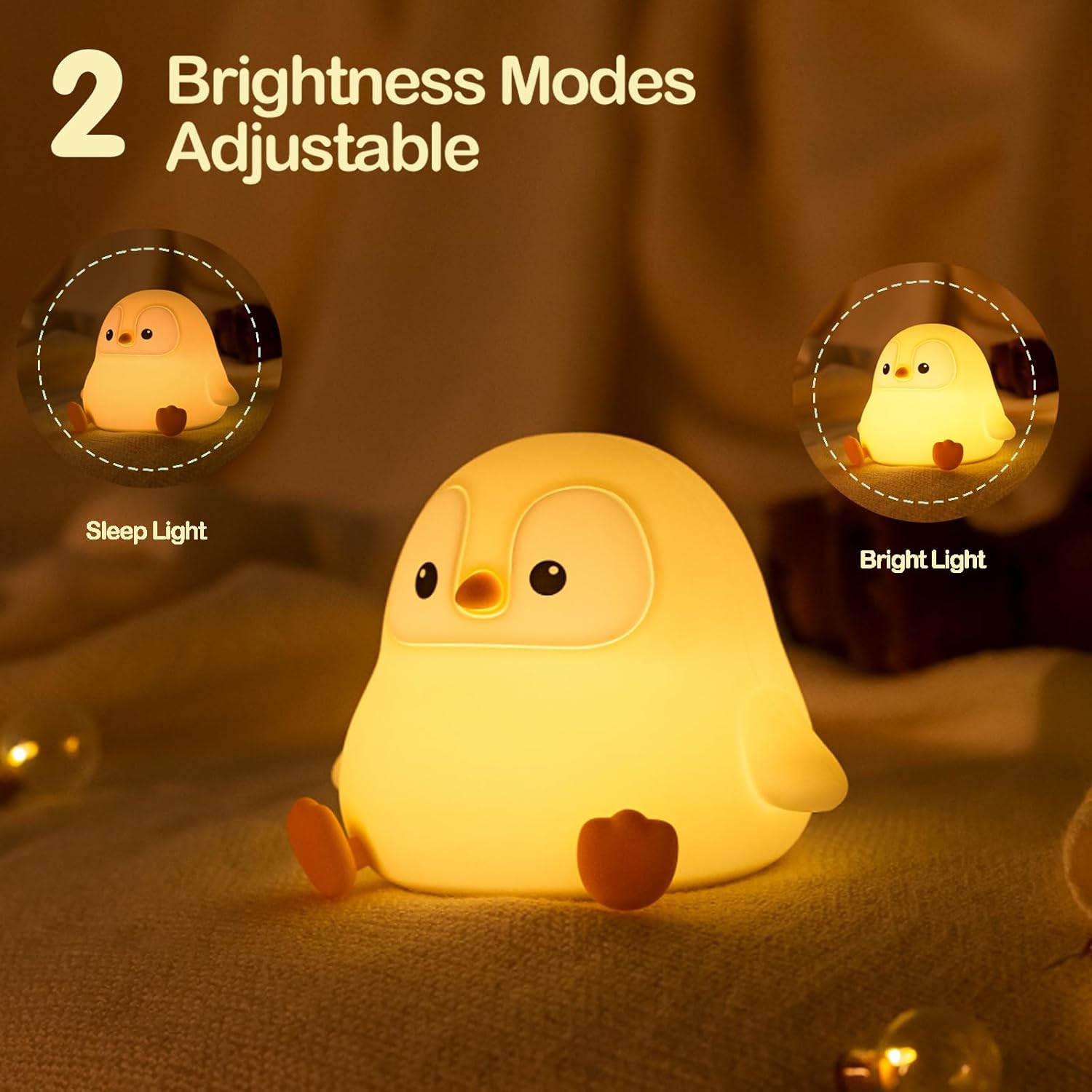 ATSUI Penguin Night Light, LED Squishy Novelty Animal Night Lamp, Food Grade Silicone, 2 Level Dimmable, Nursery Nightlight for Desk Decor, Funny Gifts Stuff for Boys Girls Baby, White Elephant Gifts