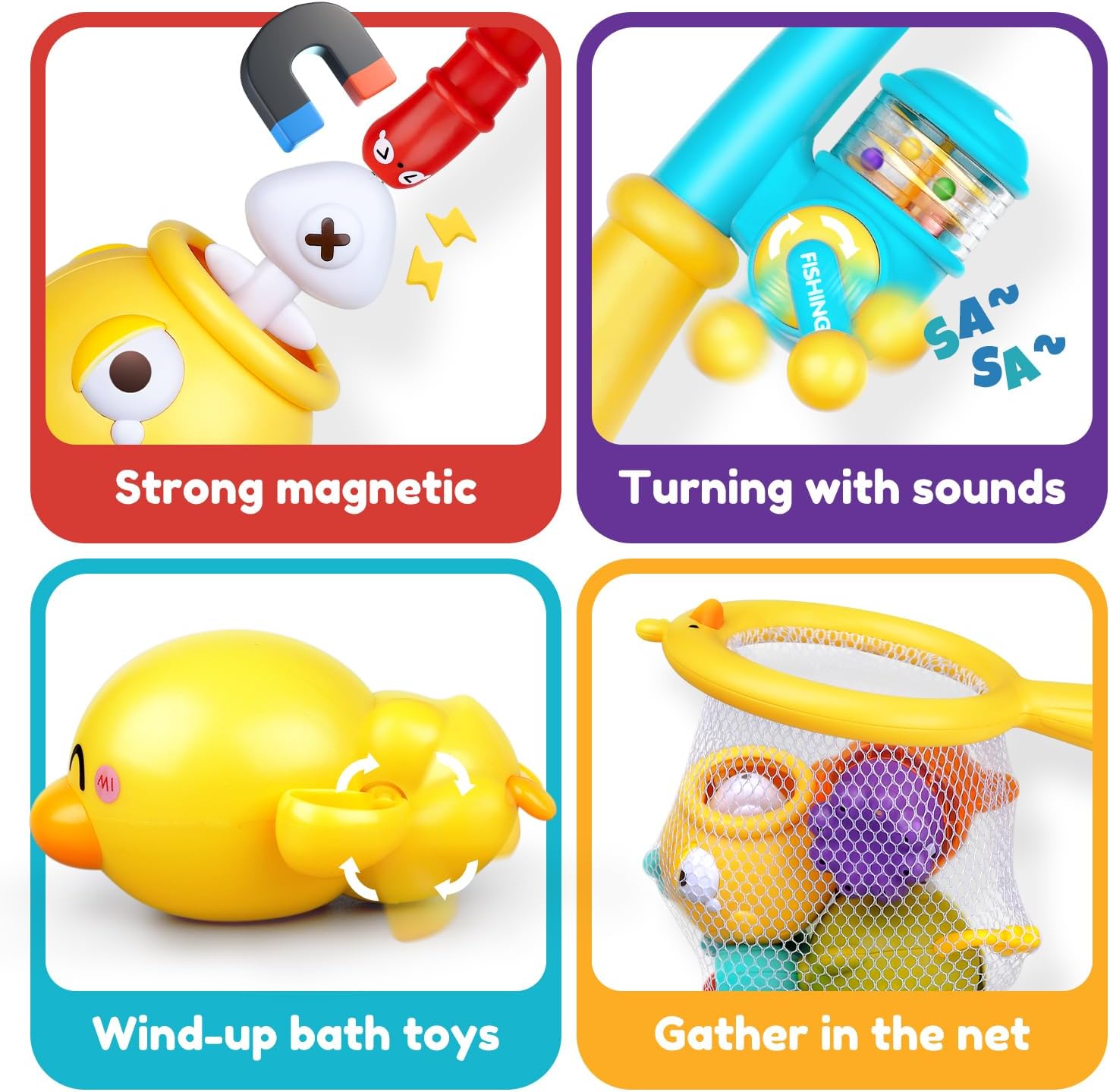 Baby Bath Toys for Kids Ages 1-3, Magnetic Fishing Games with Floating Bathtub Wind-Up Toys & Fishing Net, Fishing Rod Water Pool Toys for Toddlers 1-3