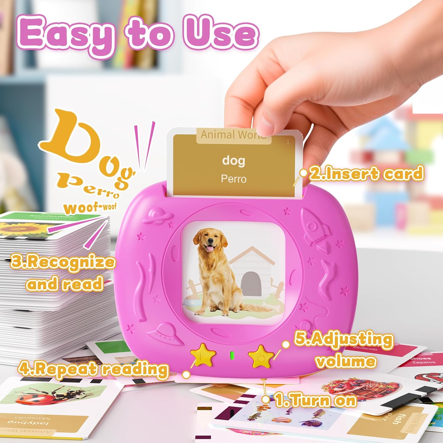 Toddlers Bilingual Spanish & English Talking Flash Cards with 288 Sight Words, Speech Therapy Toys for 1 2 3 4 5 6 Years Old Boys and Girls, Learning Educational Kids Gifts (Pink)