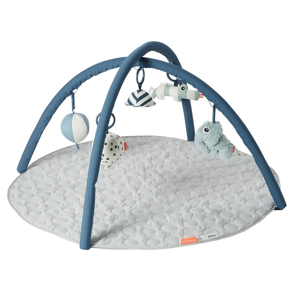 Done by Deer Deer Friends Blue Activity Play Mat with Hanging Toys - Soft, Durable, & Easy to Clean - Stimulates Senses - Improves Motor Skills & Cognitive Development