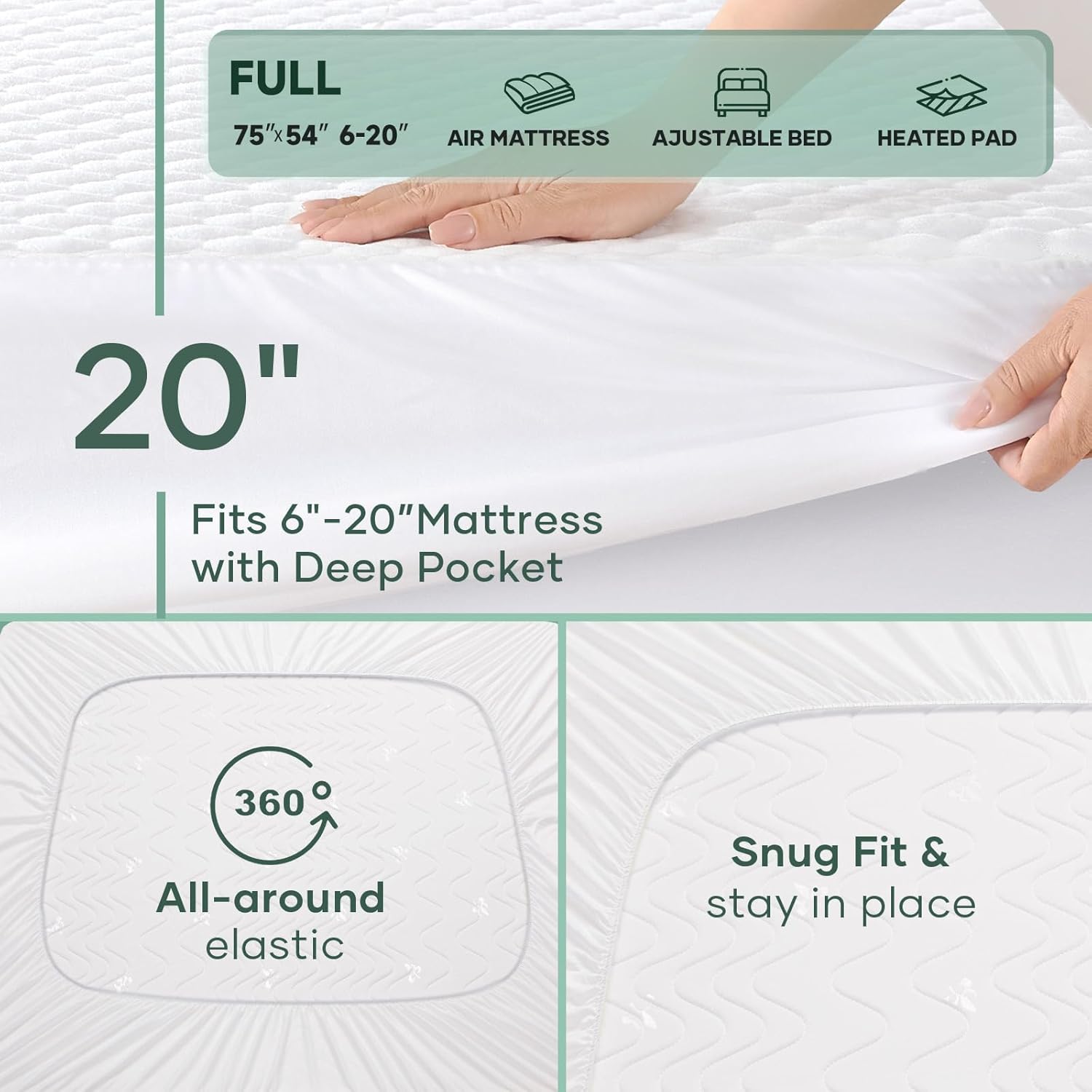 OhGeni 100% Waterproof Mattress Protector, Full Size Mattress Pad, Fits 6"-20" Mattresses with Deep Pocket, Cooling, Breathable Fitted Sheets, Soft Bed Cover, Noiseless, Machine Washable