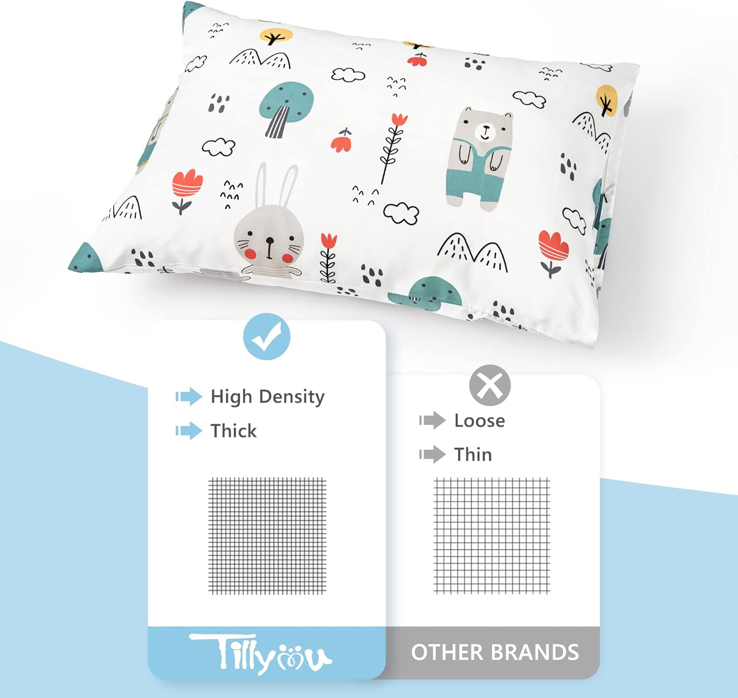 TILLYOU Toddler Pillowcase 2 Pack with Envelope Closure,Silky Soft Microfiber 13" x 18" Kids Travel Pillow Cases,Bib Bear & Colorful Love