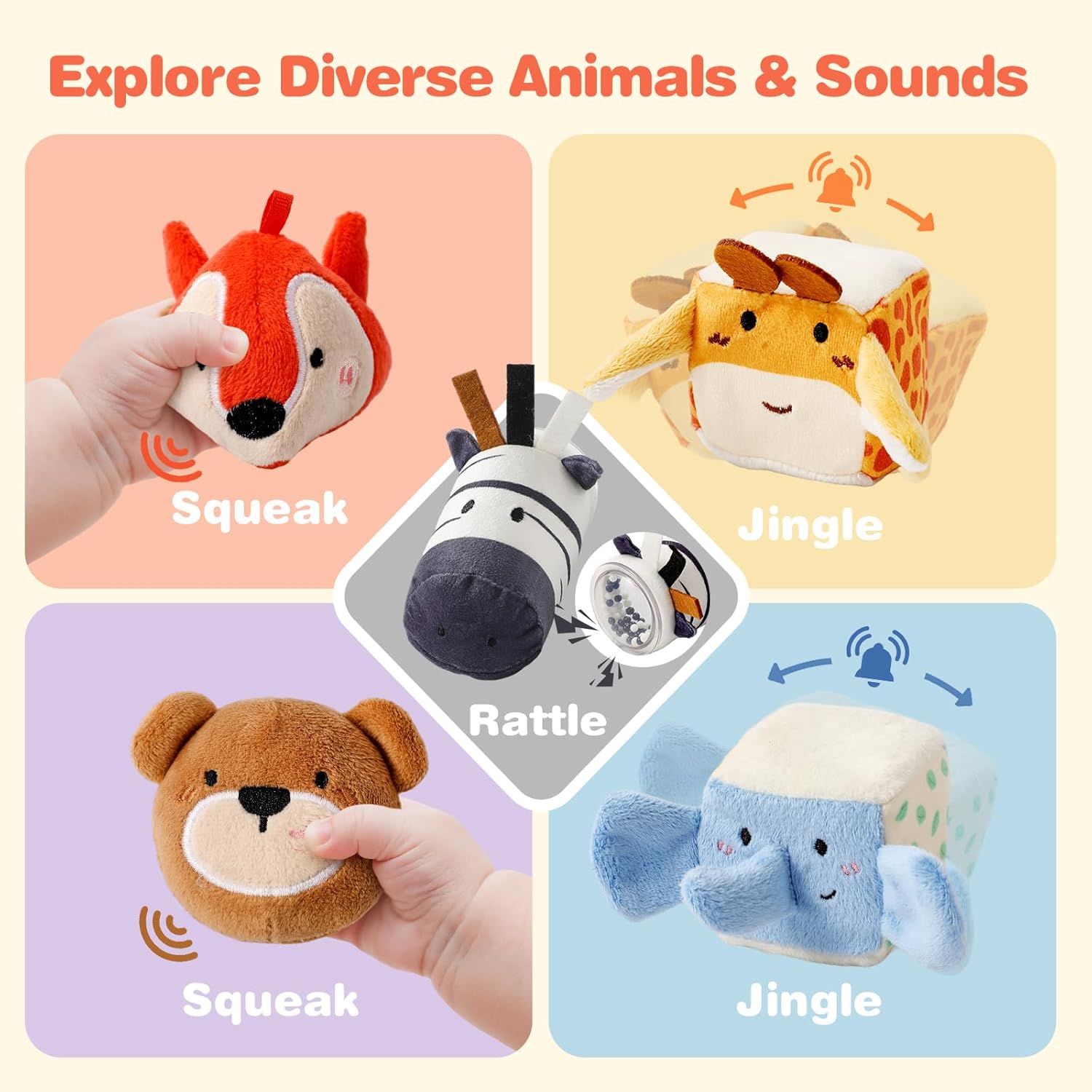 Youuys Baby Toys 6 -12 Months - Jungle Soft Stuffed Animal Set with Rattle, Crinkle Paper, Squeaker, Mirror - Toddlers Sensory Montessori Toy for 6 Month Old Babies, 1-3 Year Old Boy Girl Gifts