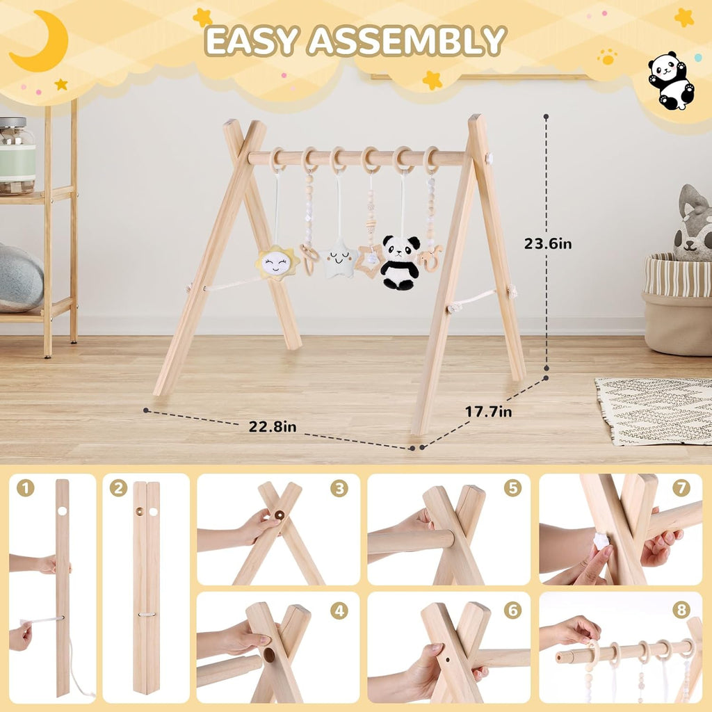 Wooden Baby Play Gym with Mat,Foldable Activity Gym for Newborns 0-12 Months,6 Hanging Sensory Toys for Infant Development,Montessori Toys for Baby Boys & Girls Shower Gift (Elephant)