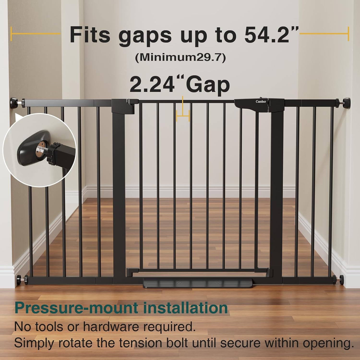 Cumbor 29.7-54.2" Wide Baby Gate for Stairs, Mom's Choice Awards Winner-Self Closing Dog Gate Indoor for Doorways, No Drilling Pressure Mounted Pet Gates for Kids, Easy Walk Through Safety Gate, Black
